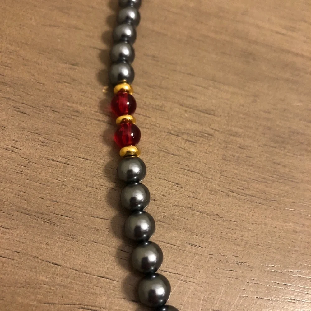 Vintage Red Gold and Metallic Gunmetal Silver Beaded Necklace